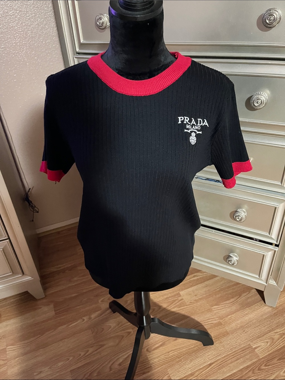 Prada Black Knit Tee with Red Trim and White Logo